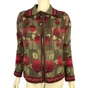 Vintage 90s Cherry Lewis‎ Wool Blend Cardigan Size S Floral Rose Knit Button Up